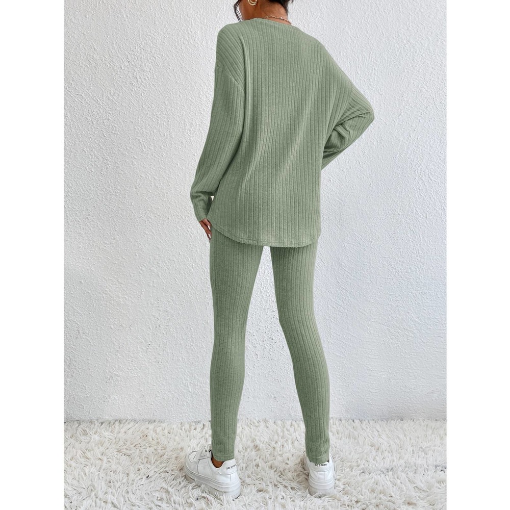 2 piece set long sleeve Tee & knit Leggings boho casual cream - Picture 3 of 11